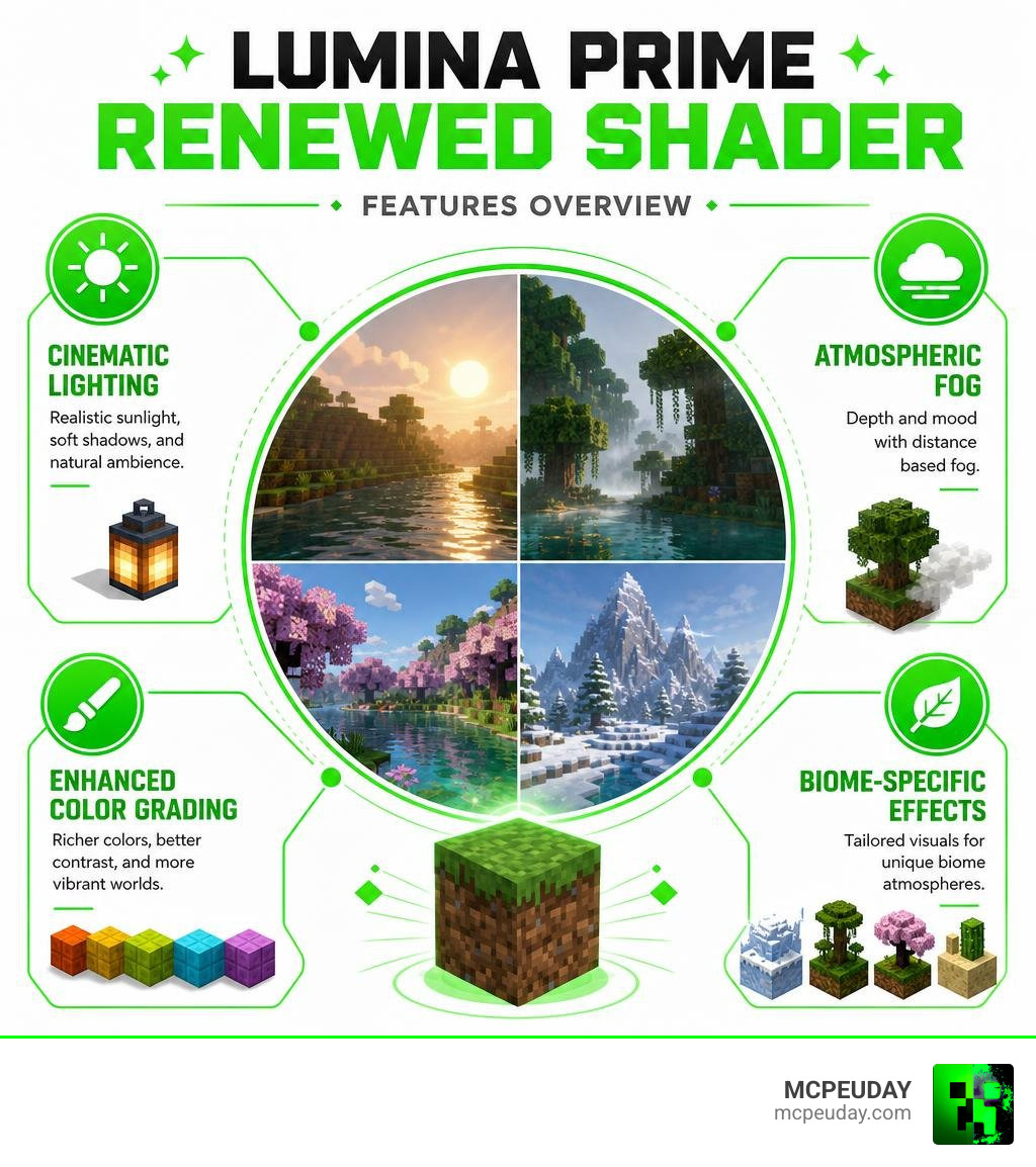 Lumina Prime Renewed Shader features overview infographic showing lighting, fog, color grading, and biome effects infographic