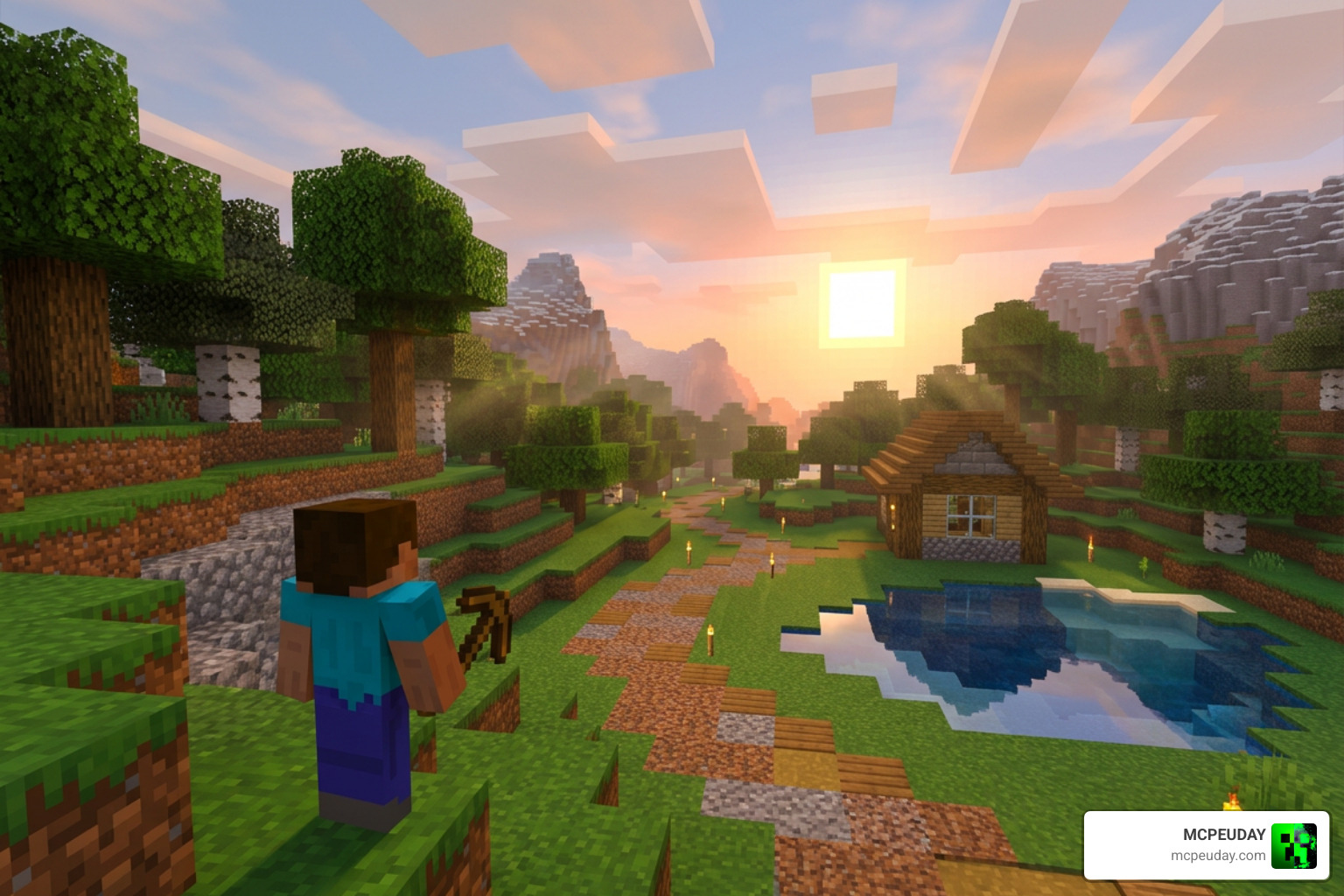 Minecraft Bedrock with Vibrant Visuals enabled showing beautiful dynamic lighting