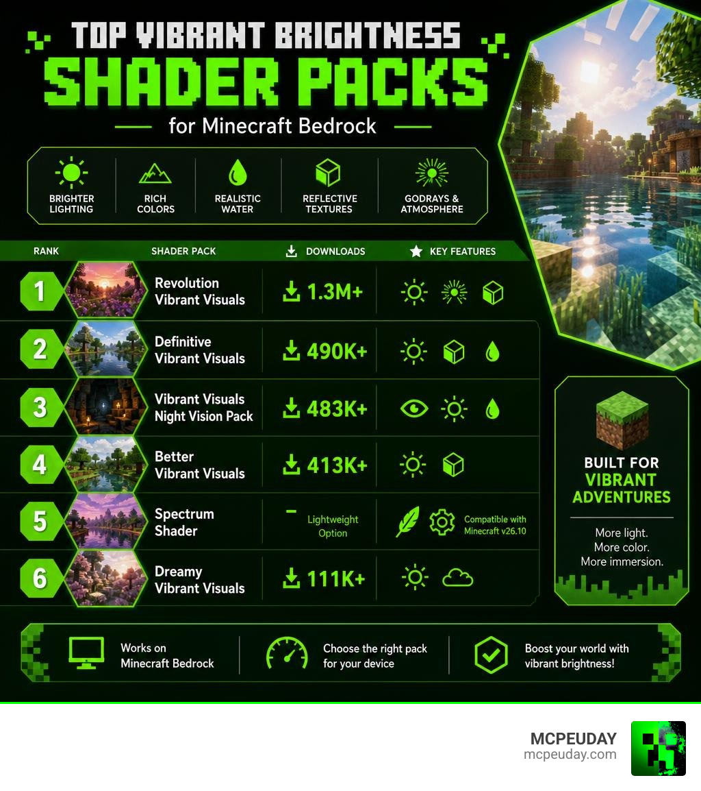 Infographic comparing top vibrant brightness shader packs for Minecraft Bedrock with download counts and key features