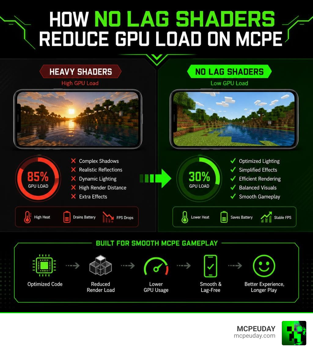 Infographic showing how no lag shaders reduce GPU load on MCPE mobile devices infographic