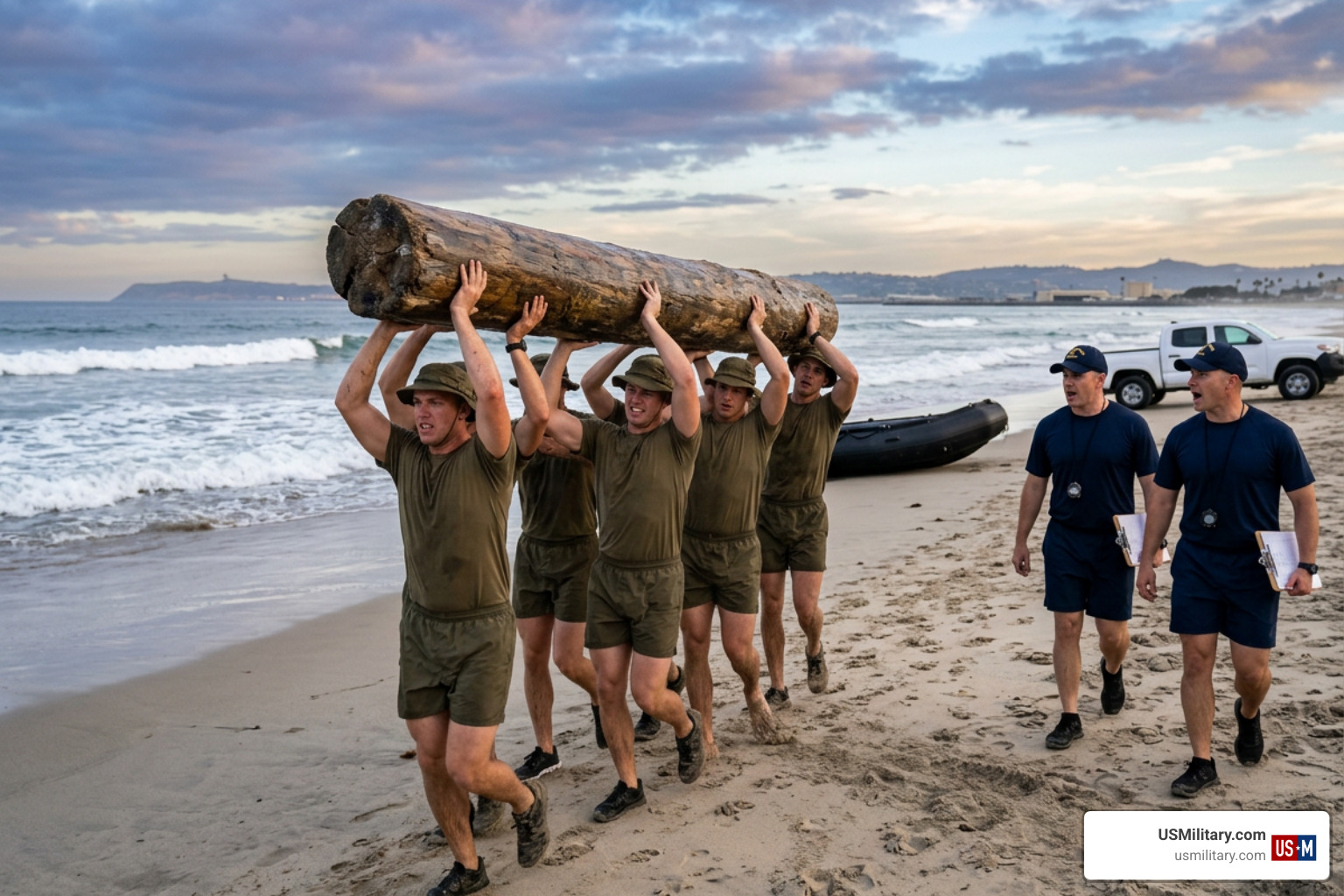 BUD/S trainees performing log PT under instructor supervision BUD/S trainees performing log PT under instructor supervision