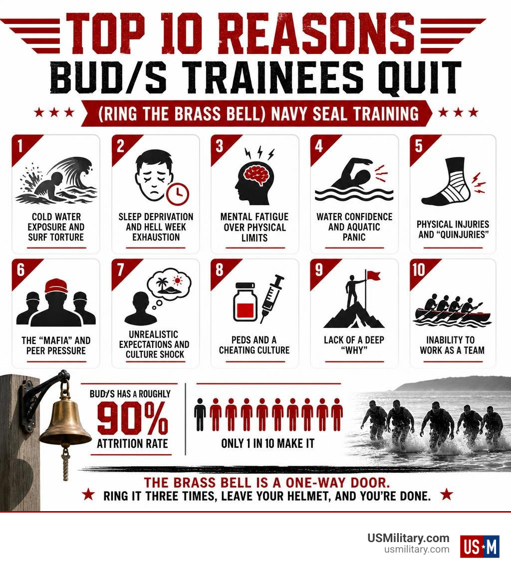 Infographic showing the top 10 reasons BUD/S trainees ring the brass bell and quit Navy SEAL training infographic Infographic showing the top 10 reasons BUD/S trainees ring the brass bell and quit Navy SEAL training infographic