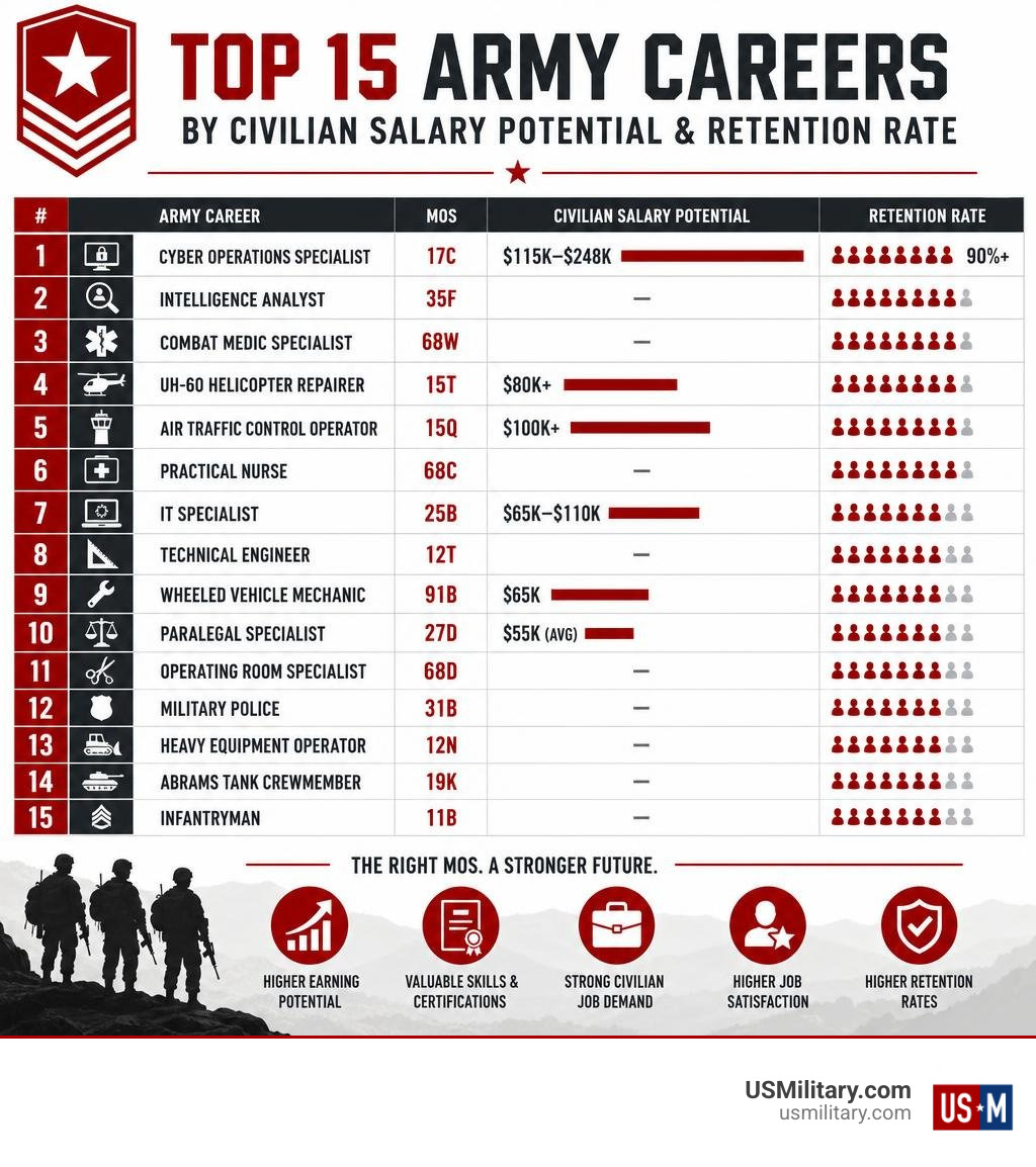 Infographic showing top 15 Army careers by civilian salary potential and retention rate infographic