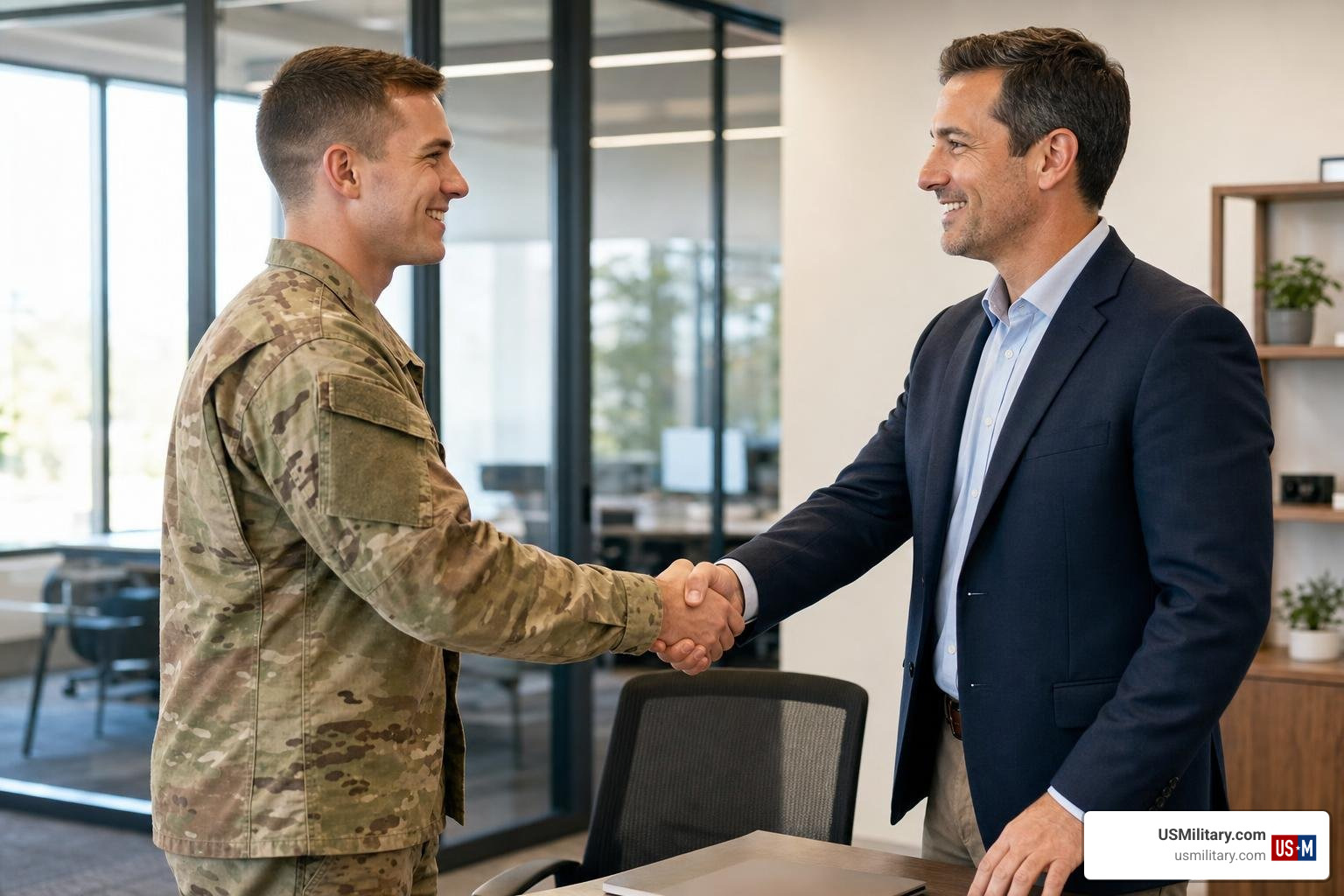 Soldier transitioning to a successful civilian career shaking hands with an employer