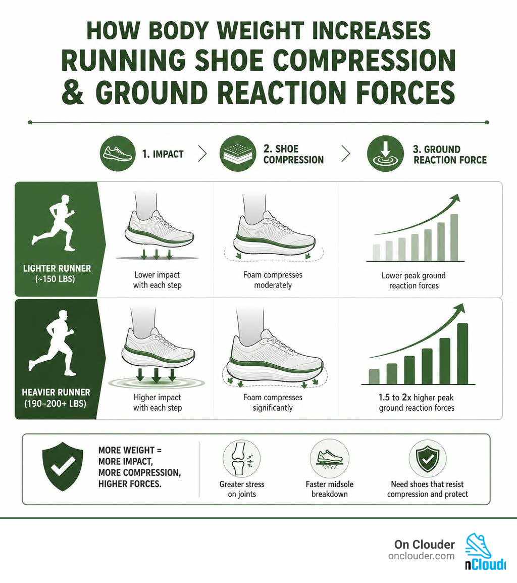 Infographic showing how body weight increases running shoe compression and ground reaction forces infographic Infographic showing how body weight increases running shoe compression and ground reaction forces infographic