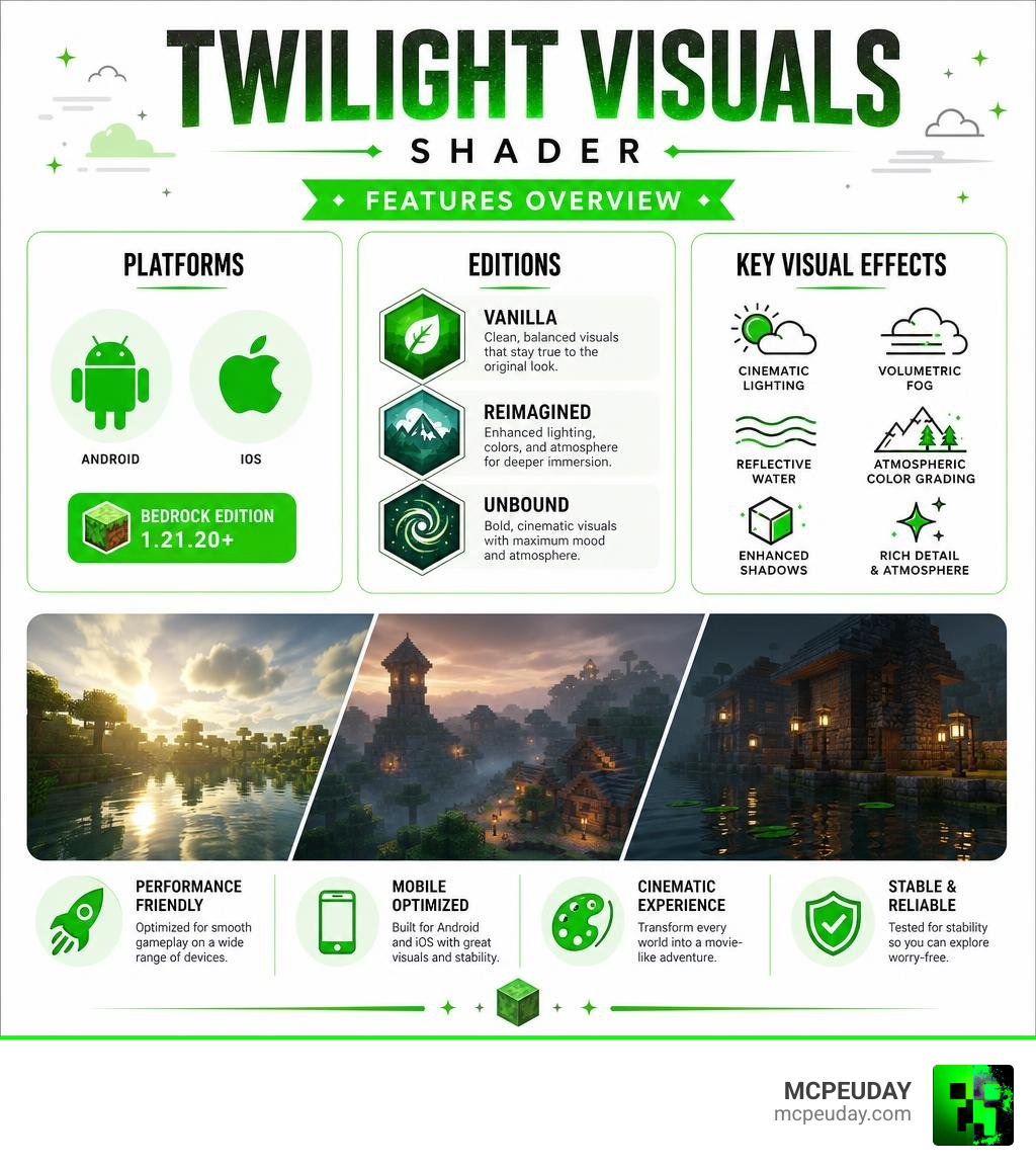 Twilight Visuals Shader features overview infographic with platforms, editions, and visual effects infographic