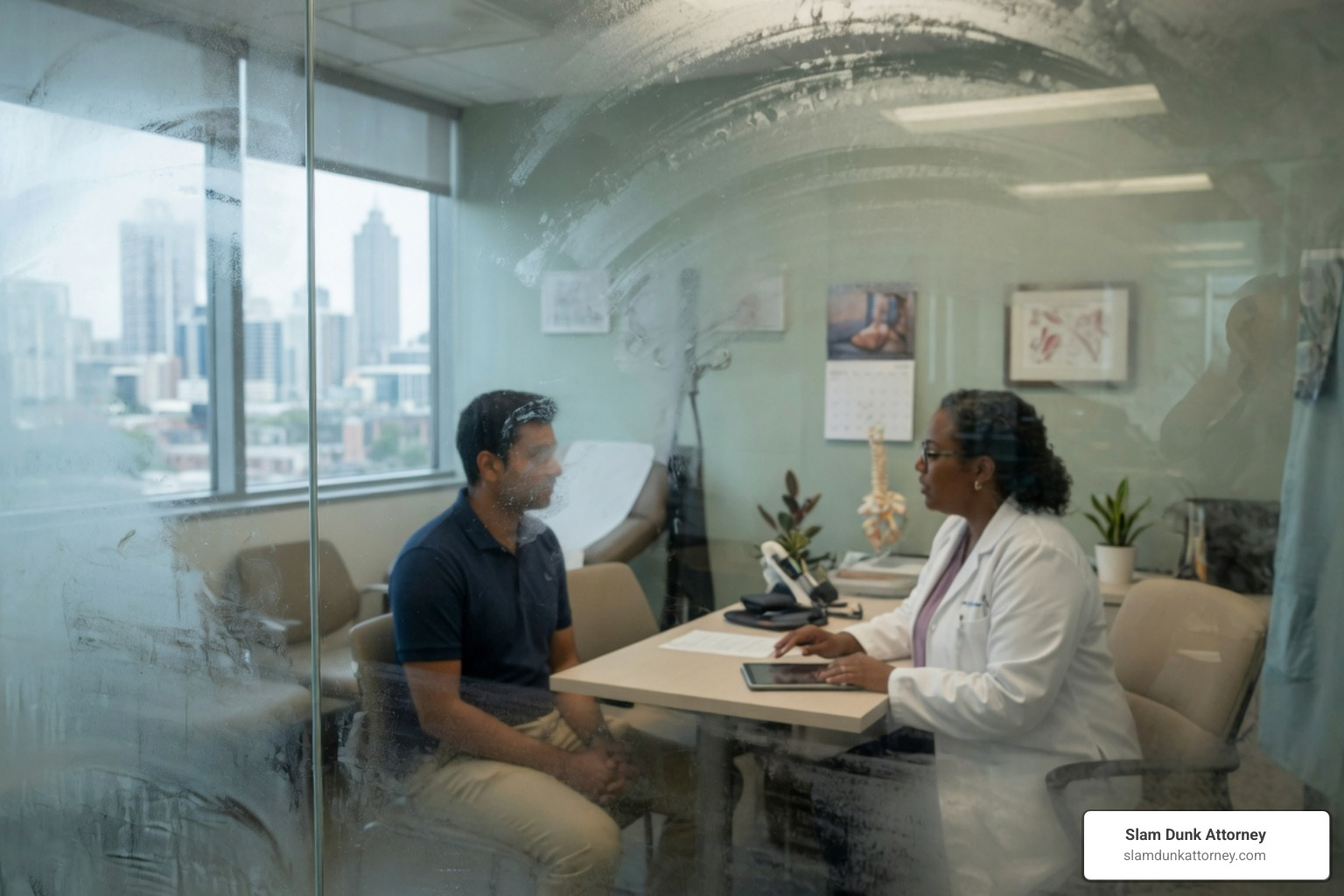 Georgia attorney in business-casual attire reviewing a medical report in an Atlanta-based office with a basketball on the