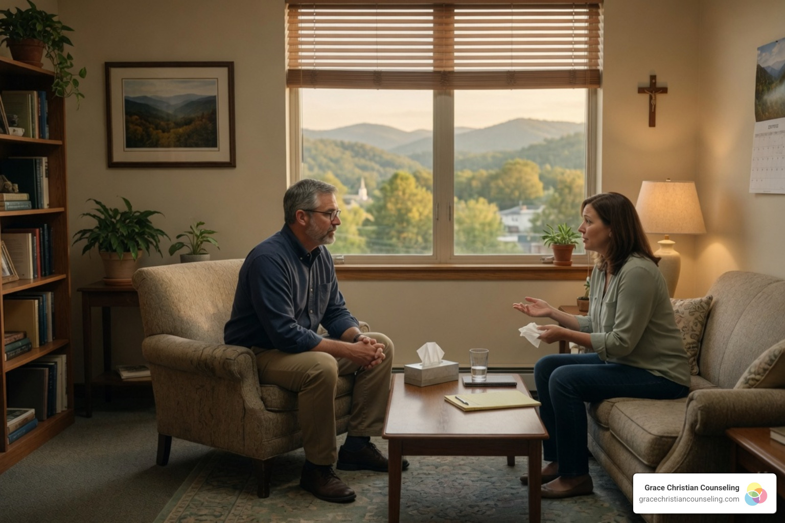 Christian counselor and client discussing a four-stage healing journey in West Virginia Christian counselor and client discussing a four-stage healing journey in West Virginia