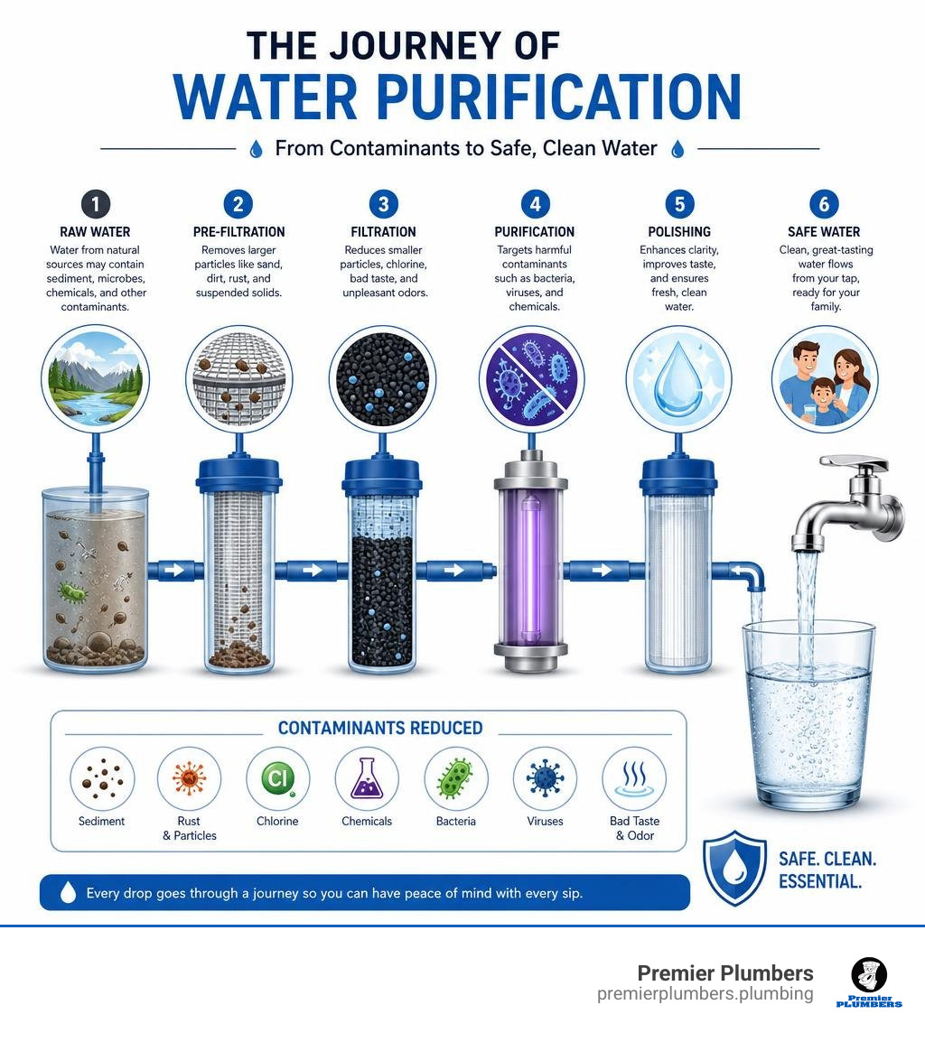 Detailed colorful water purification journey from contaminants to safe tap water infographic infographic