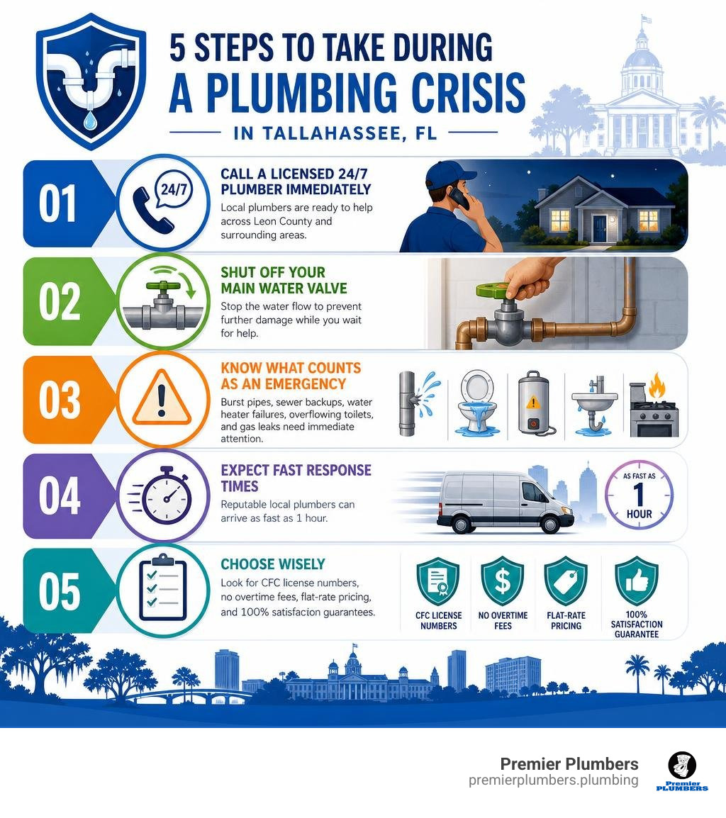 Detailed colorful infographic showing 5 steps to take during a plumbing crisis in Tallahassee FL infographic