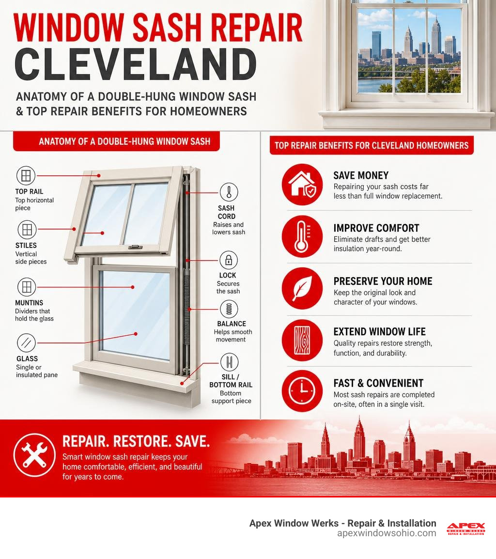 Infographic showing anatomy of a double-hung window sash and top repair benefits for Cleveland homeowners infographic