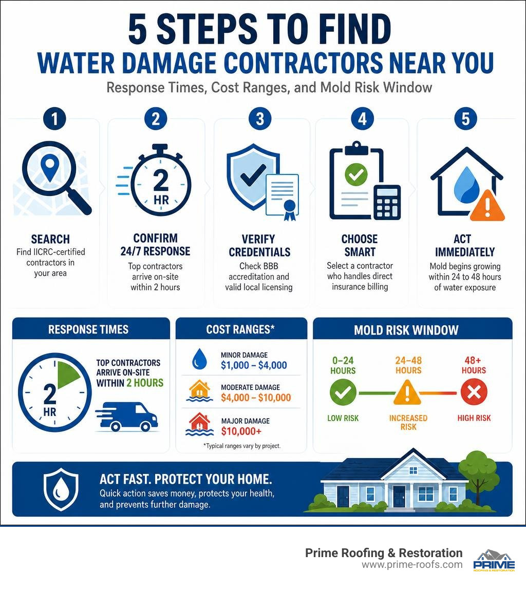 Infographic: 5 steps to find water damage contractors near you, response times, cost ranges, and mold risk window infographic