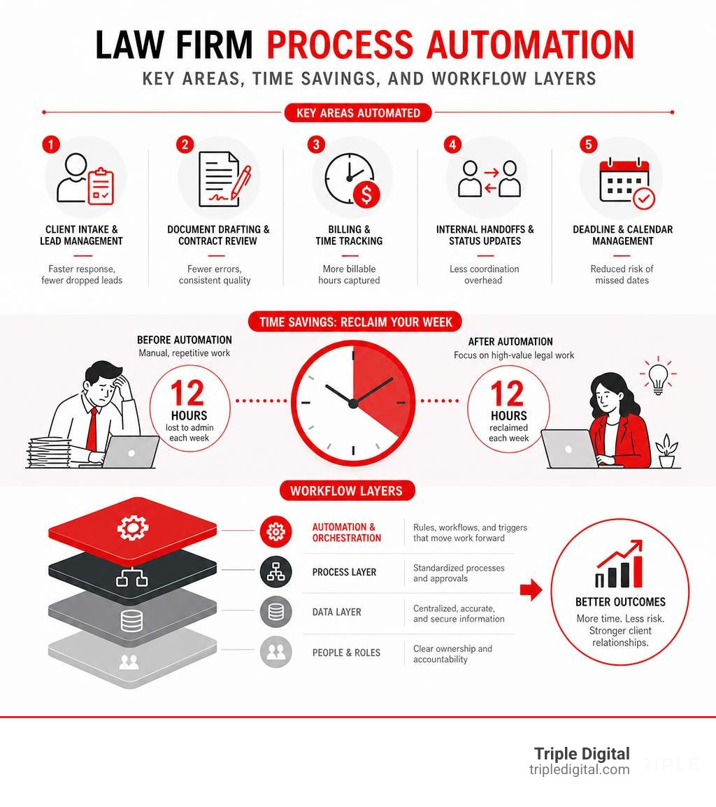 Law firm process automation: key areas, time savings, and workflow layers infographic infographic Law firm process automation: key areas, time savings, and workflow layers infographic infographic