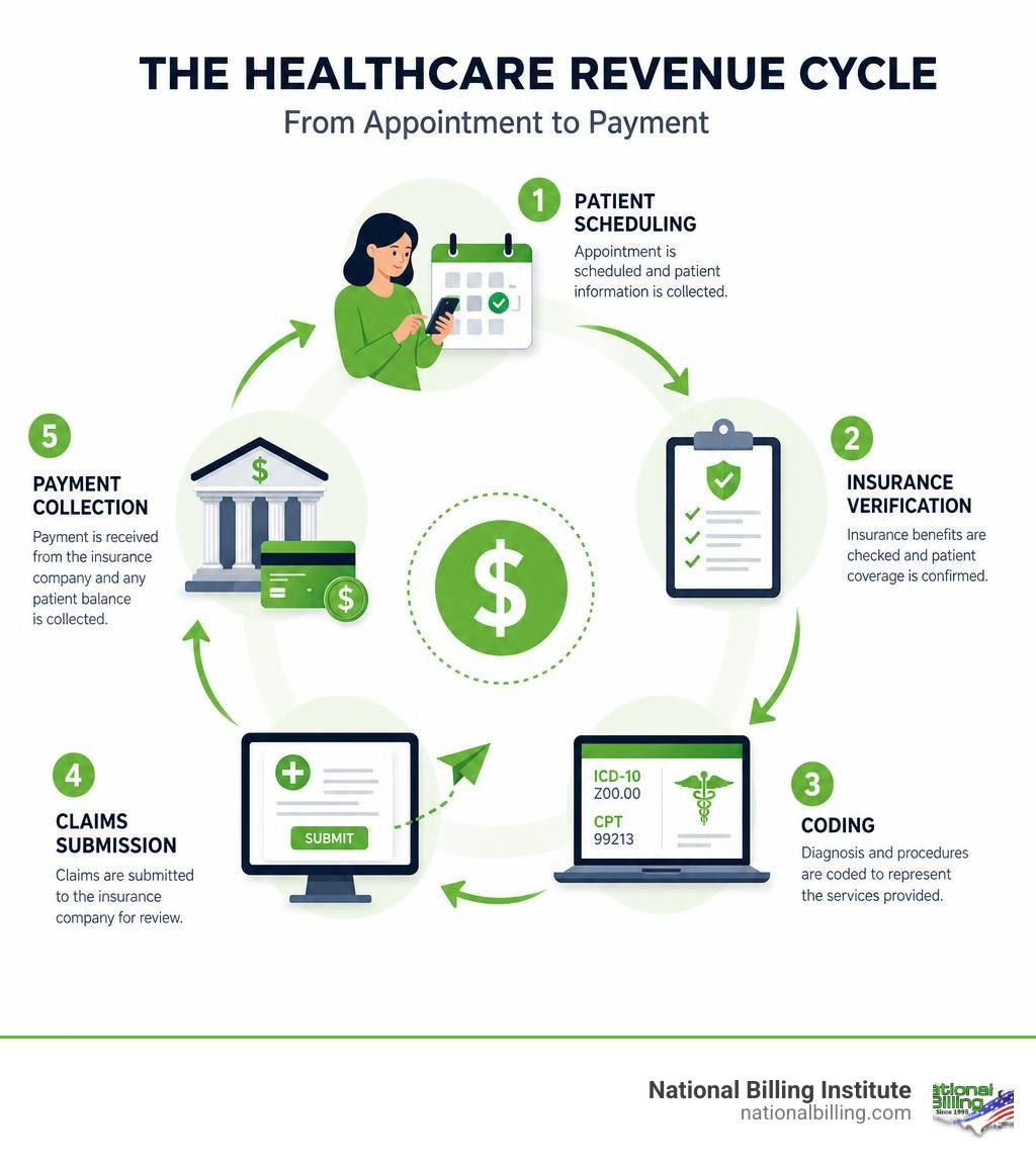 Infographic showing the flow of healthcare dollars from patient scheduling through insurance, coding, claims, and final Infographic showing the flow of healthcare dollars from patient scheduling through insurance, coding, claims, and final