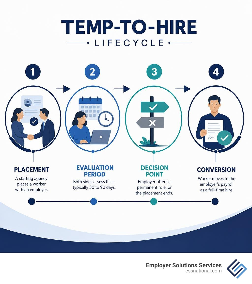 Temp-to-hire lifecycle infographic: placement, evaluation, conversion to permanent role infographic Temp-to-hire lifecycle infographic: placement, evaluation, conversion to permanent role infographic