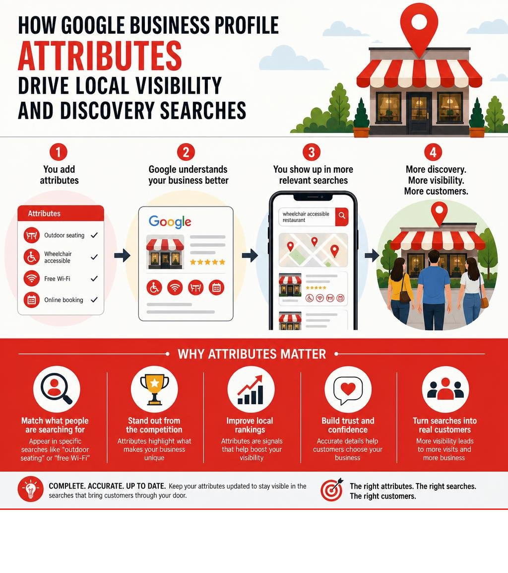 Infographic showing how Google Business Profile attributes influence local search visibility and discovery searches
