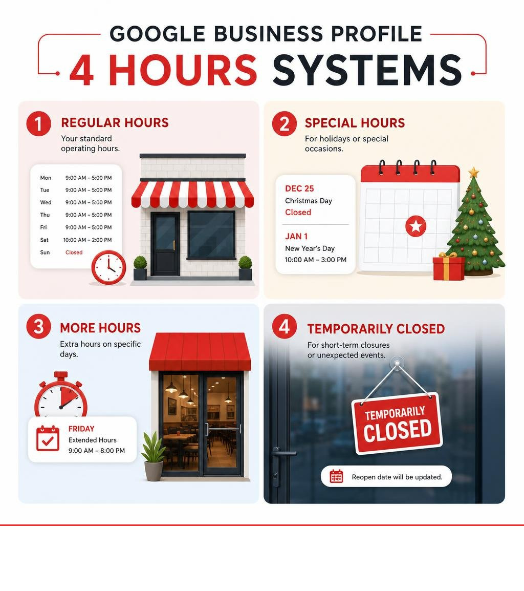 Infographic showing Google Business Profile four hours systems: regular, special, more hours, temporarily closed infographic