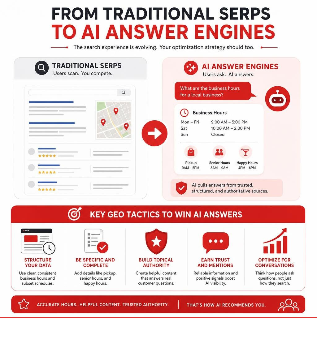 Infographics showing the shift from traditional SERPs to AI answer engines with key GEO tactics infographic
