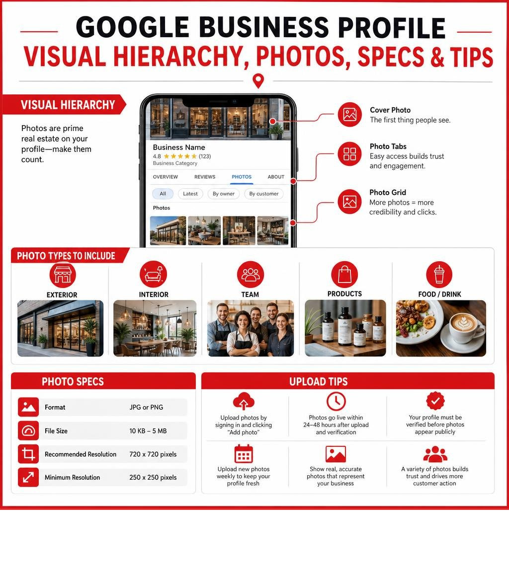 Infographic showing Google Business Profile visual hierarchy, photo types, specs, and upload tips infographic Infographic showing Google Business Profile visual hierarchy, photo types, specs, and upload tips infographic