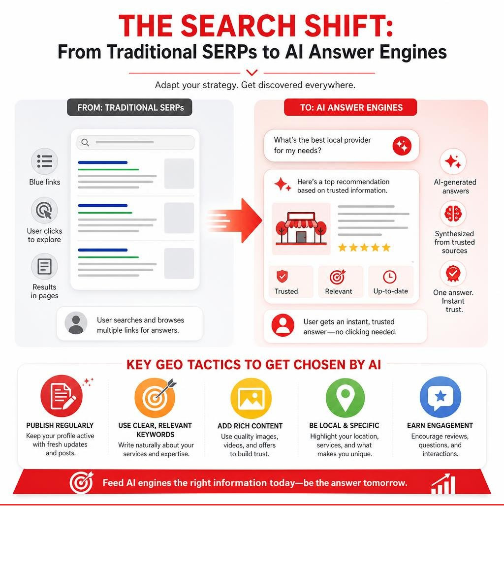 Infographic showing the shift from traditional SERPs to AI answer engines with key GEO tactics infographic Infographic showing the shift from traditional SERPs to AI answer engines with key GEO tactics infographic