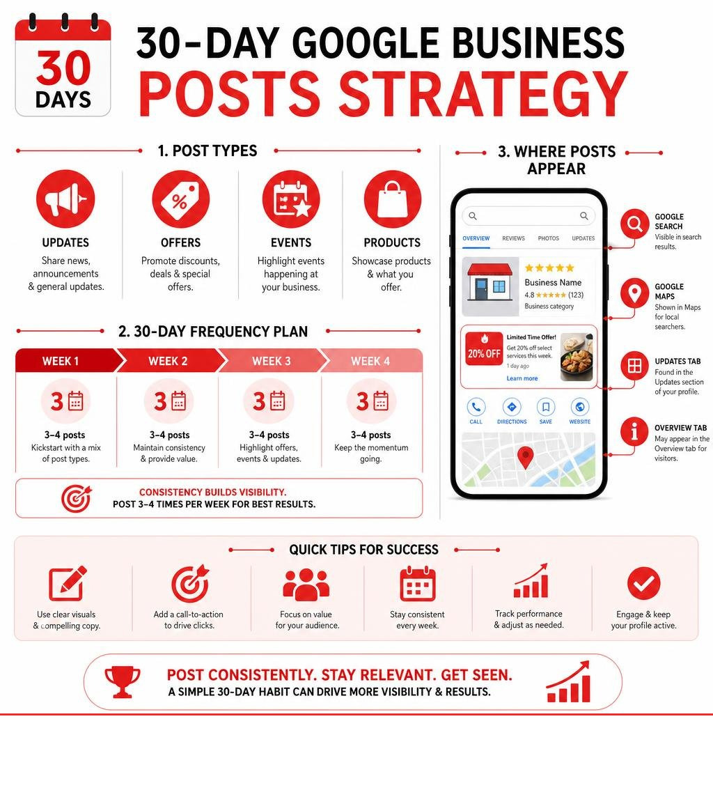 30-day Google Business posts strategy infographic showing post types, frequency, and visibility locations infographic 30-day Google Business posts strategy infographic showing post types, frequency, and visibility locations infographic