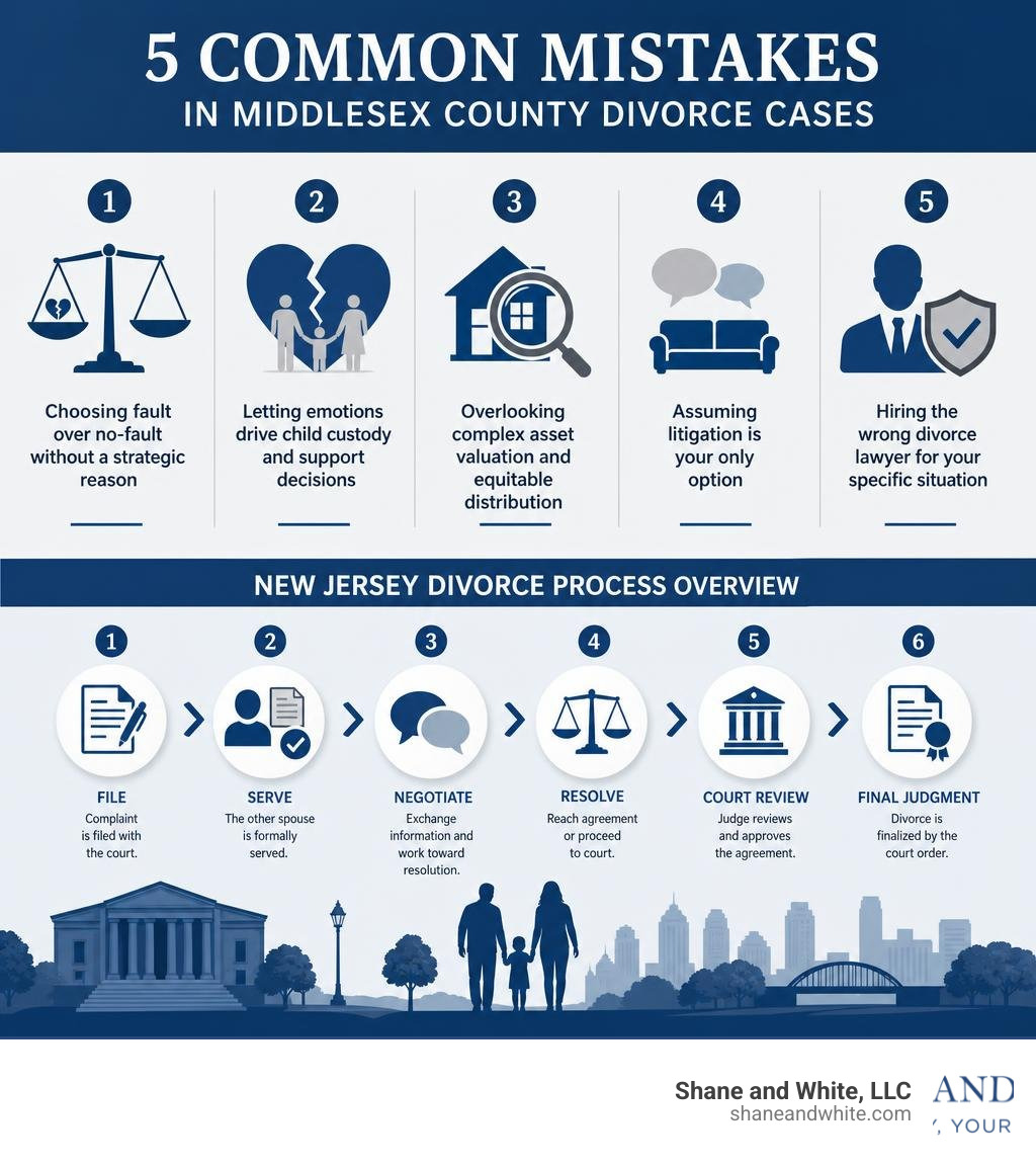 Infographic: 5 common mistakes in Middlesex County divorce cases and New Jersey divorce process overview infographic