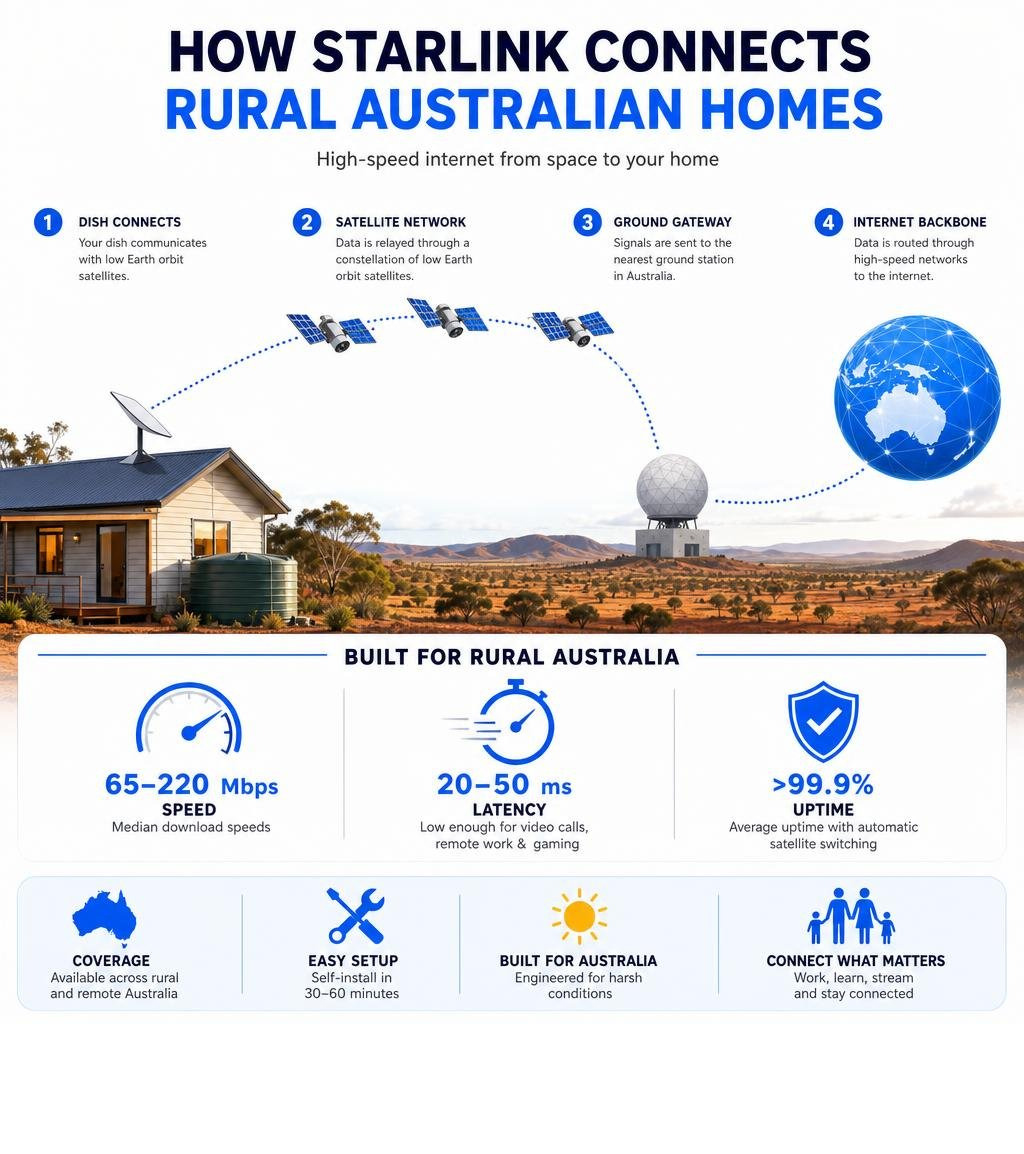 Infographic showing how Starlink connects rural Australian homes via LEO satellites with speed, latency, and uptime stats