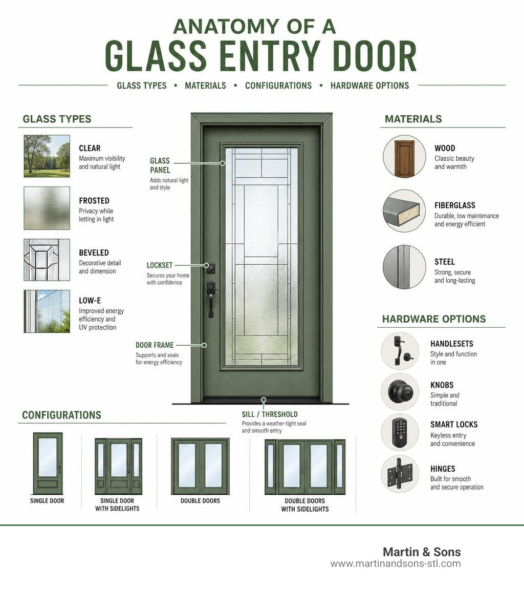 Anatomy of a glass entry door: glass types, materials, configurations, and hardware options infographic Anatomy of a glass entry door: glass types, materials, configurations, and hardware options infographic