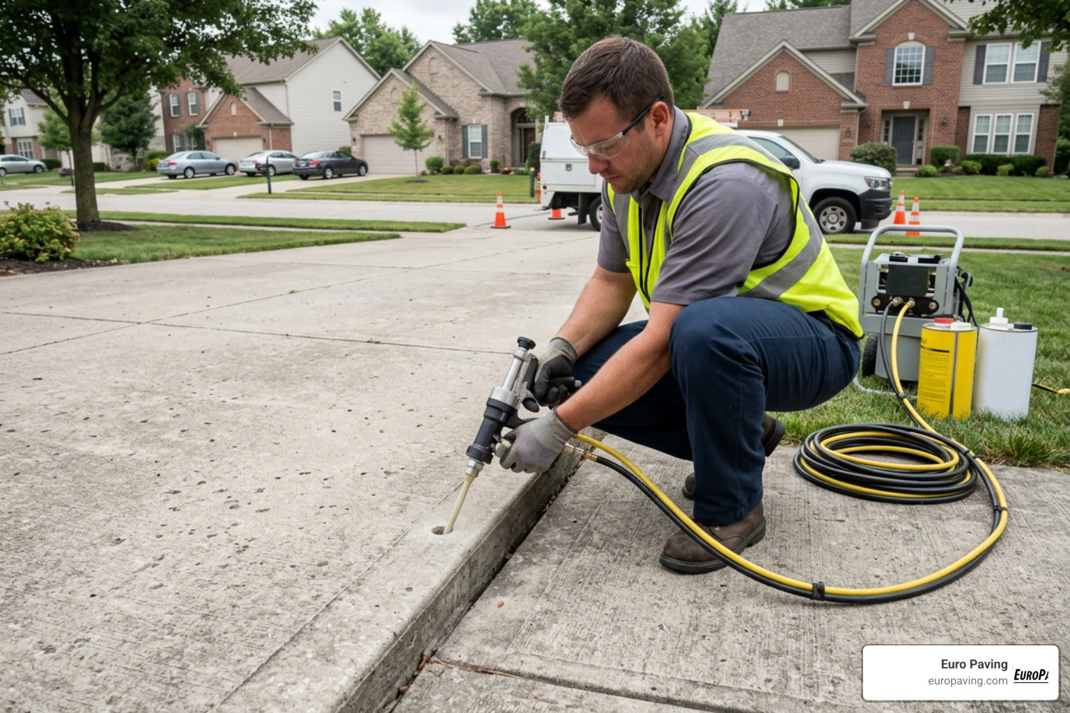 A technician injecting polyurethane foam under a concrete driveway slab to lift it