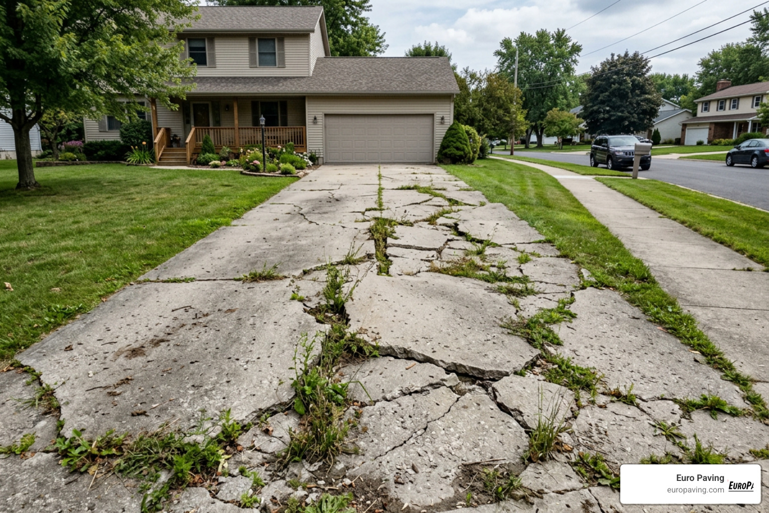 severely cracked concrete driveway requiring replacement
