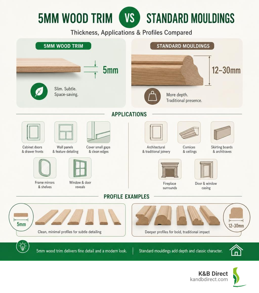 Infographic comparing 5mm wood trim vs standard mouldings thickness applications and profiles infographic Infographic comparing 5mm wood trim vs standard mouldings thickness applications and profiles infographic