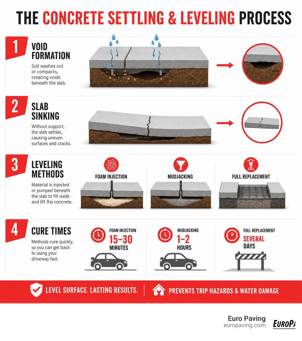 Infographic showing concrete settling process: void formation, slab sinking, leveling methods, and cure times infographic