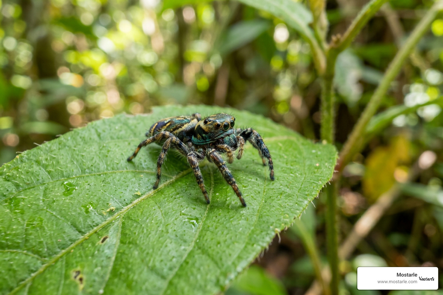 A vibrant Thiania bhamoensis sitting on a green leaf
