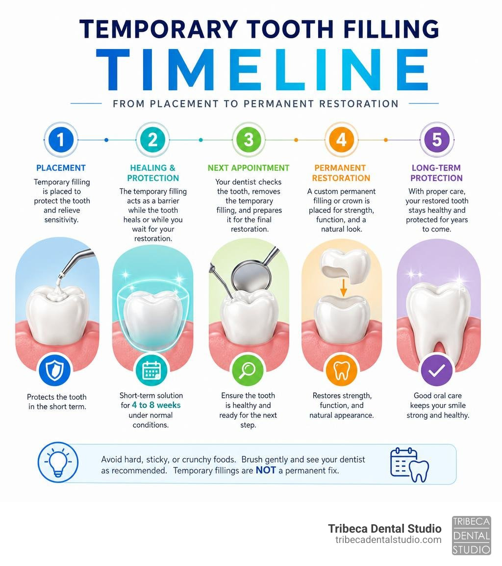 Temporary tooth filling timeline: from placement to permanent restoration infographic