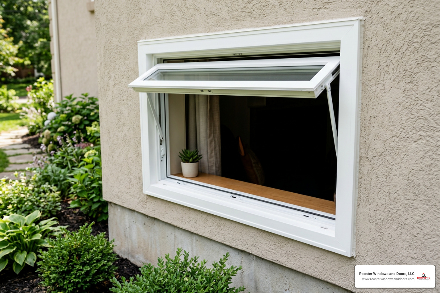 Clean vinyl hopper window with full-width ventilation and security locks Clean vinyl hopper window with full-width ventilation and security locks