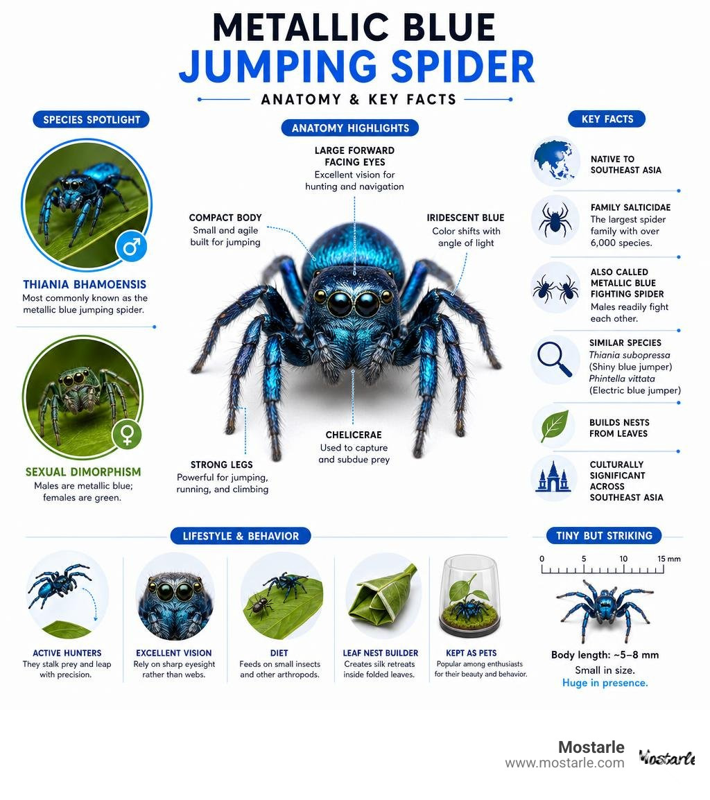 Metallic blue jumping spider anatomy and key facts infographic infographic