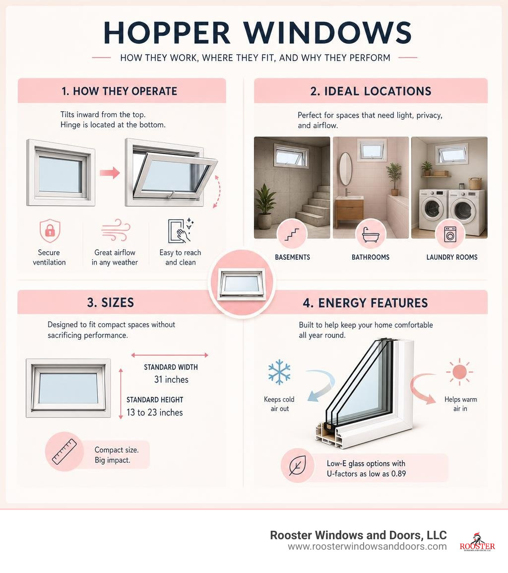 Infographic showing how hopper windows operate, ideal locations, sizes, and energy features infographic Infographic showing how hopper windows operate, ideal locations, sizes, and energy features infographic