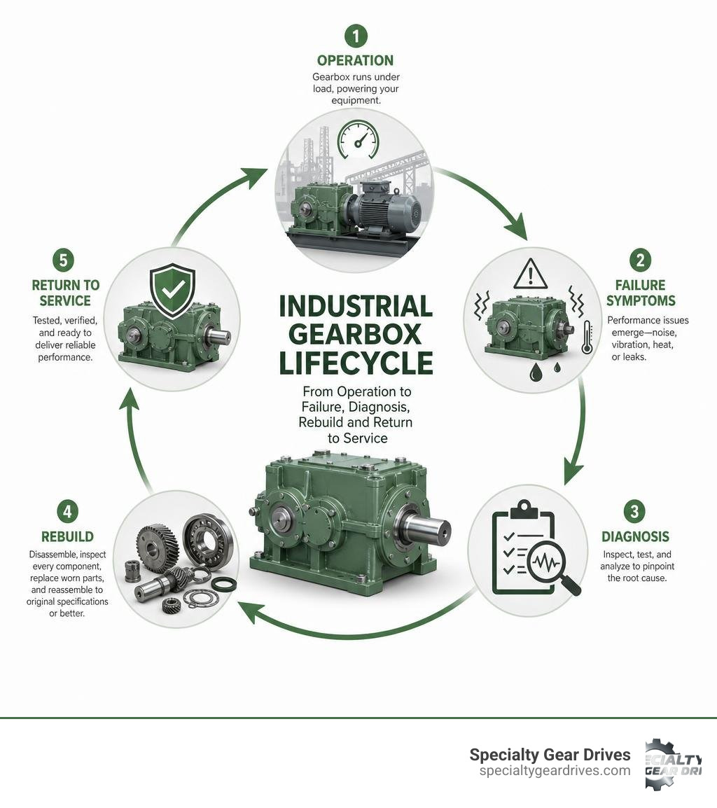 Industrial gearbox lifecycle from operation to failure diagnosis rebuild and return to service infographic Industrial gearbox lifecycle from operation to failure diagnosis rebuild and return to service infographic