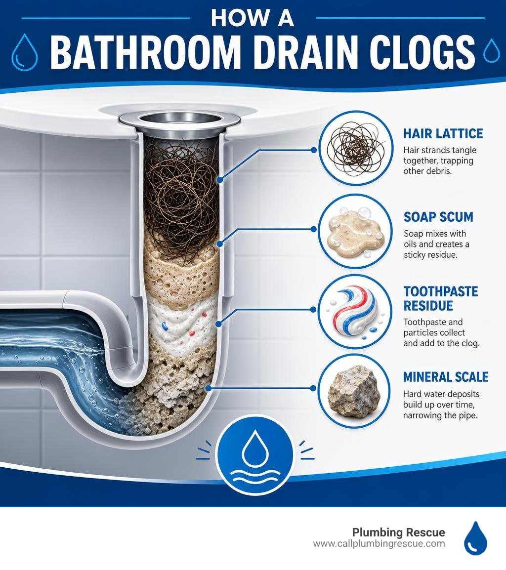 Infographic showing how a bathroom drain clogs: hair lattice, soap scum, toothpaste residue, mineral scale infographic Infographic showing how a bathroom drain clogs: hair lattice, soap scum, toothpaste residue, mineral scale infographic