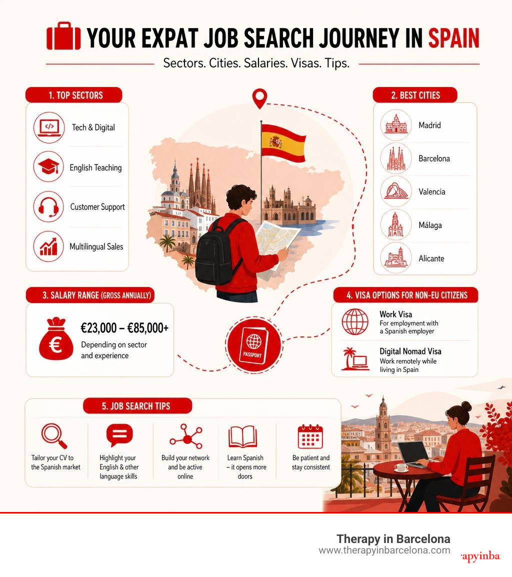 Infographic showing expat job search journey in Spain: sectors, cities, salaries, visa types, and job search tips infographic Infographic showing expat job search journey in Spain: sectors, cities, salaries, visa types, and job search tips infographic