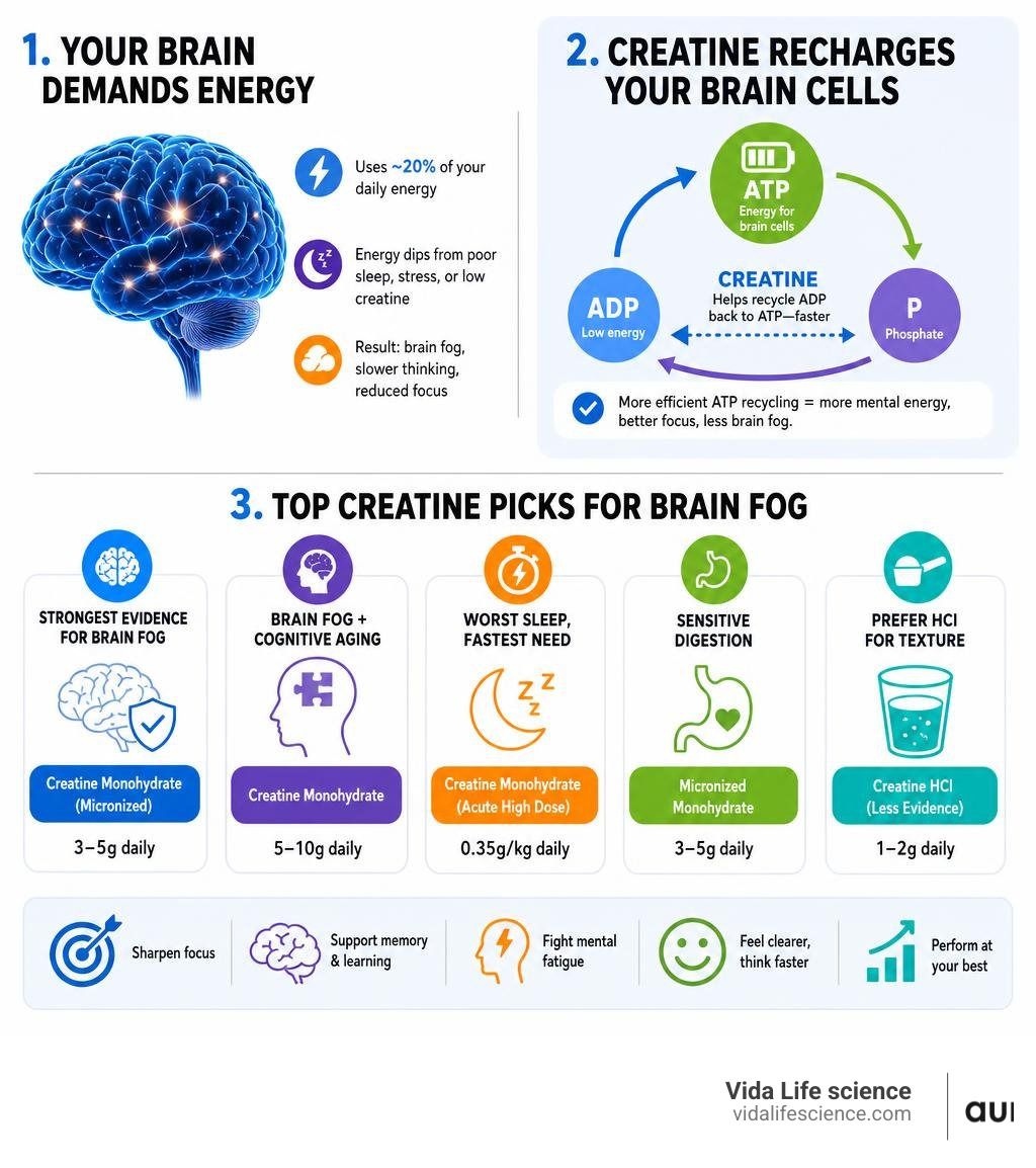 Infographic showing brain energy demands, creatine's role in ATP recycling, and top creatine picks for brain fog infographic