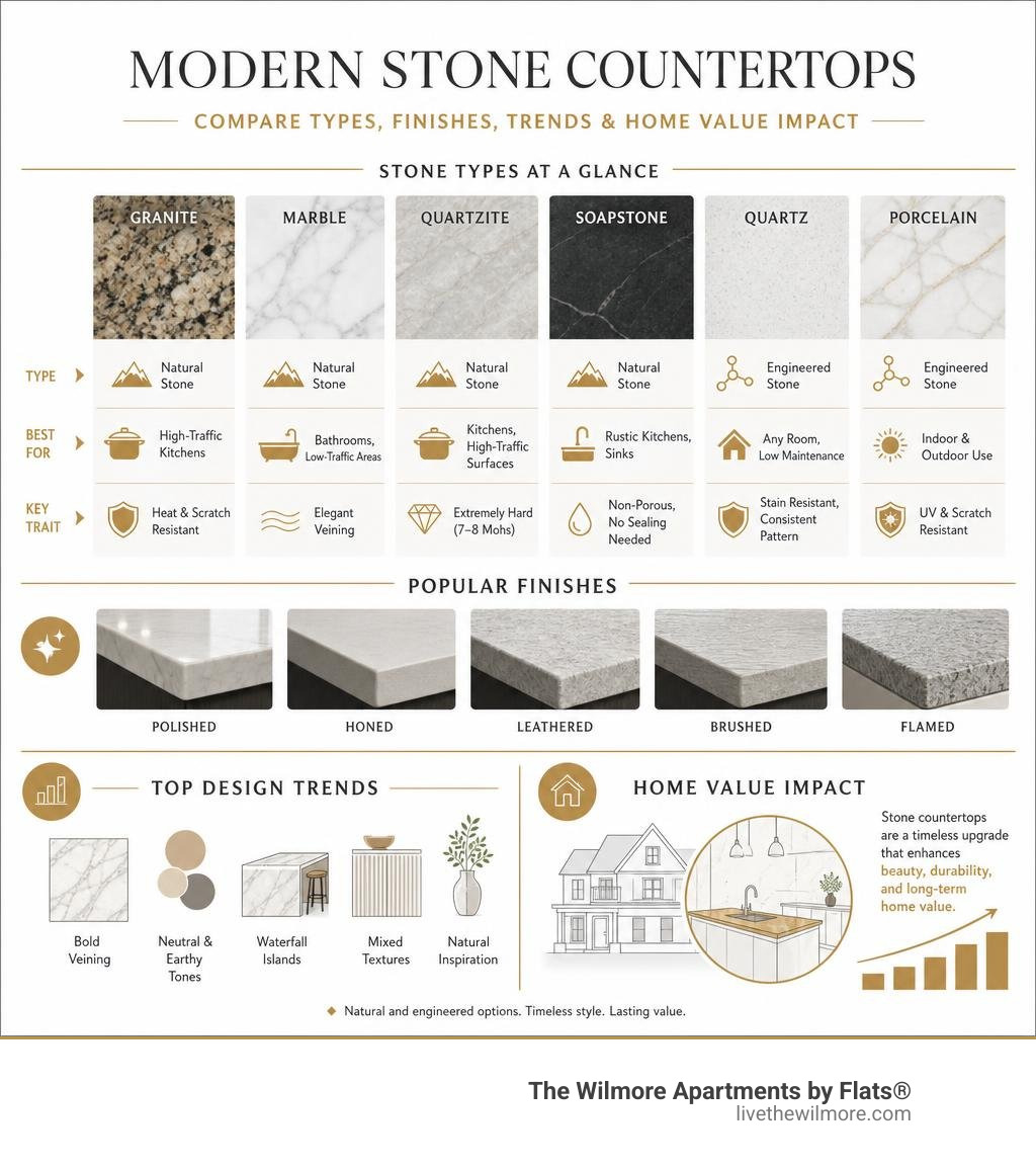 Infographic comparing modern stone countertop types, finishes, design trends, and home value impact infographic Infographic comparing modern stone countertop types, finishes, design trends, and home value impact infographic