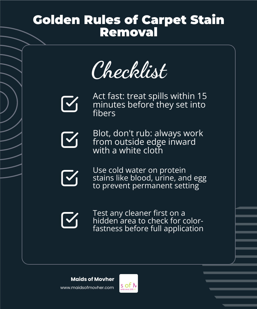Infographic showing the golden rules of carpet stain removal: act fast, blot don't rub, cold water for proteins, baking soda Infographic showing the golden rules of carpet stain removal: act fast, blot don't rub, cold water for proteins, baking soda
