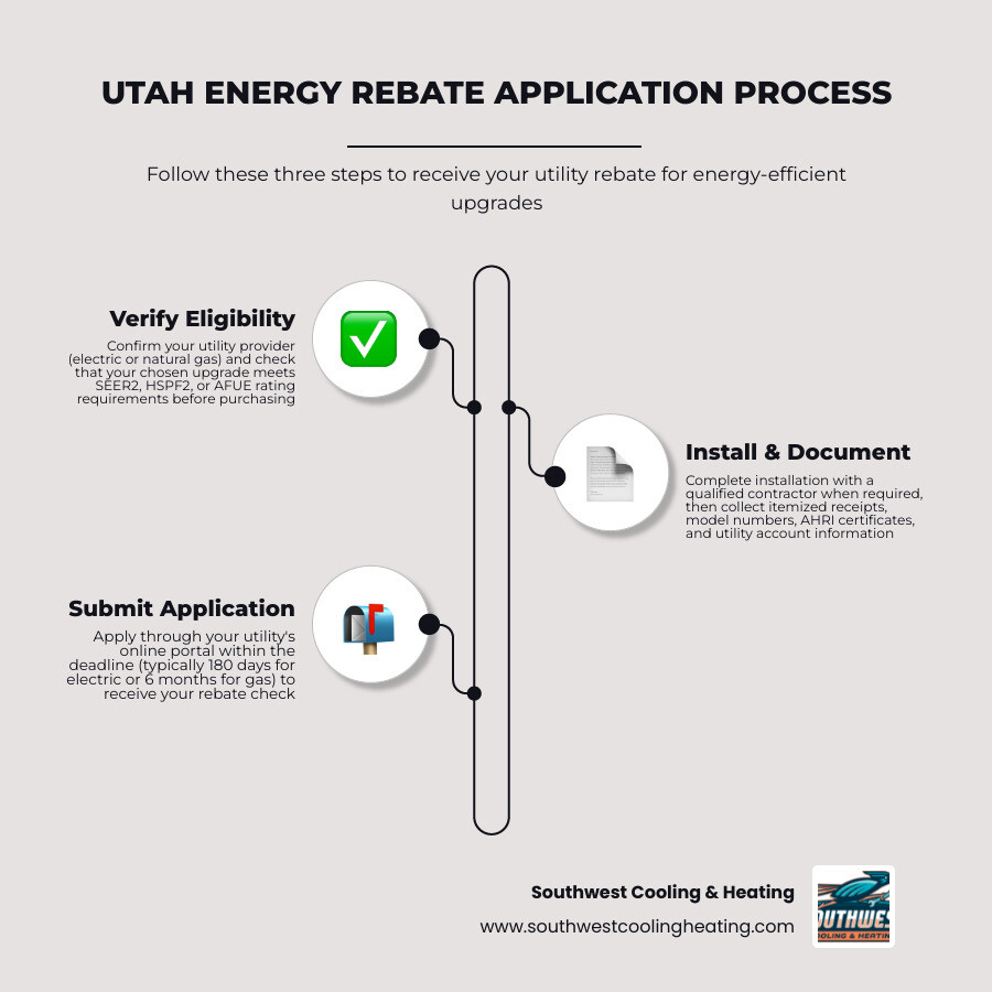 Infographic showing Utah energy rebate programs: Rocky Mountain Power Wattsmart and Enbridge Gas ThermWise steps, deadlines
