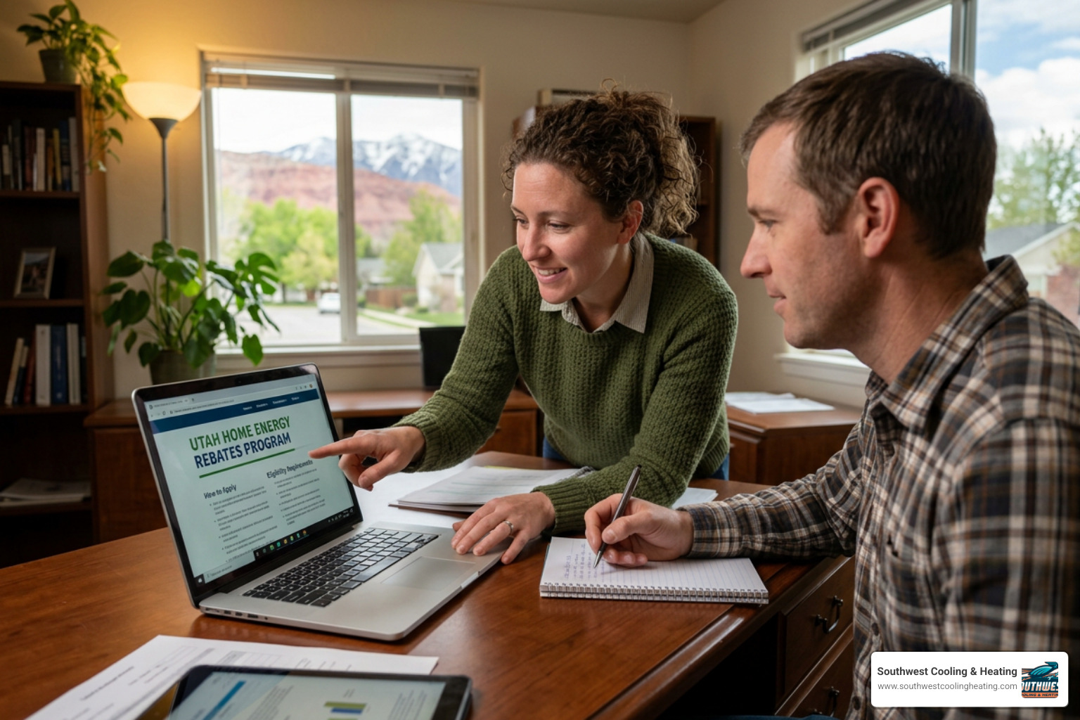 homeowner reviewing utility bill and organizing receipts for a Utah energy rebate application