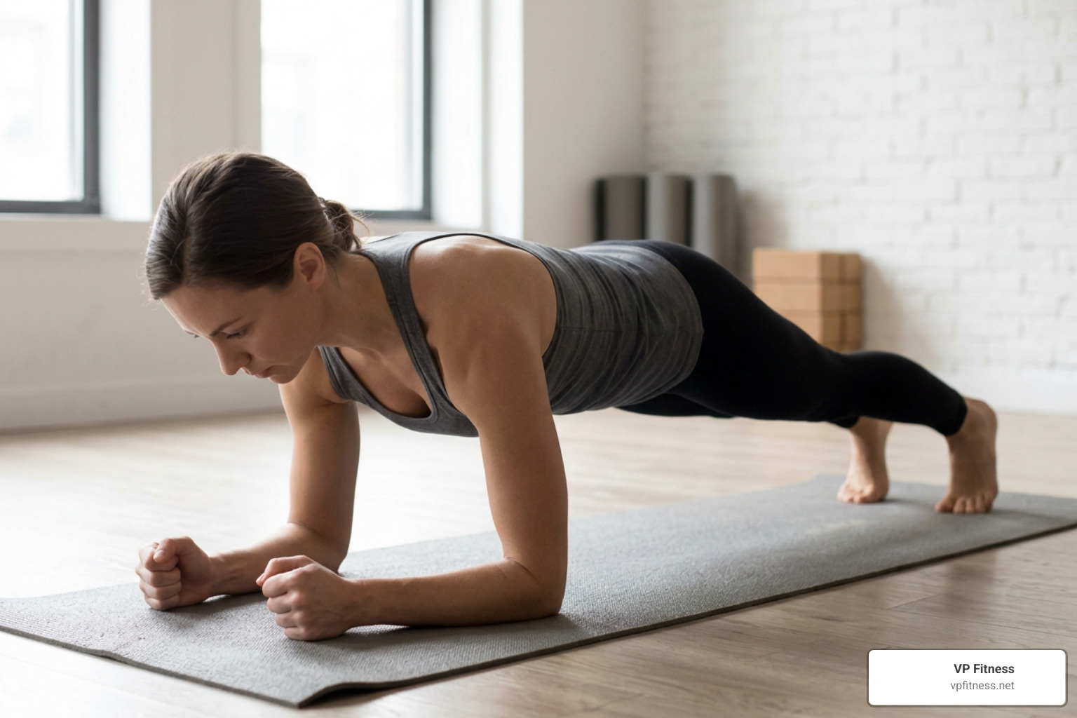 A person holding a perfect forearm plank position A person holding a perfect forearm plank position