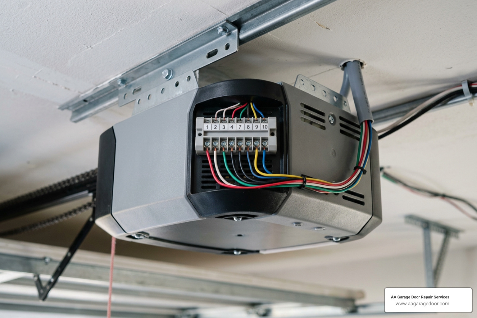 Close-up of a garage door opener motor unit and its wiring terminal