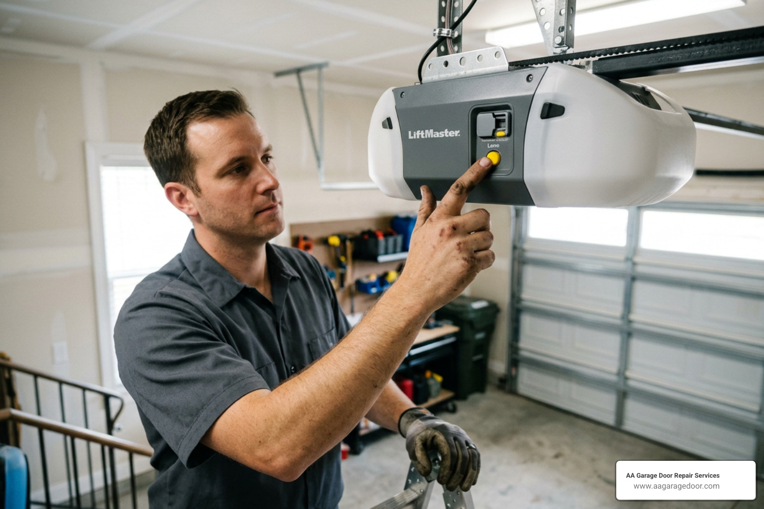 A technician pressing the colored Learn button on an overhead garage door motor unit