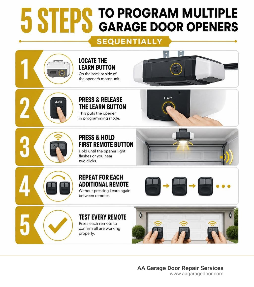 Infographic showing 5 steps to program multiple garage door openers sequentially infographic