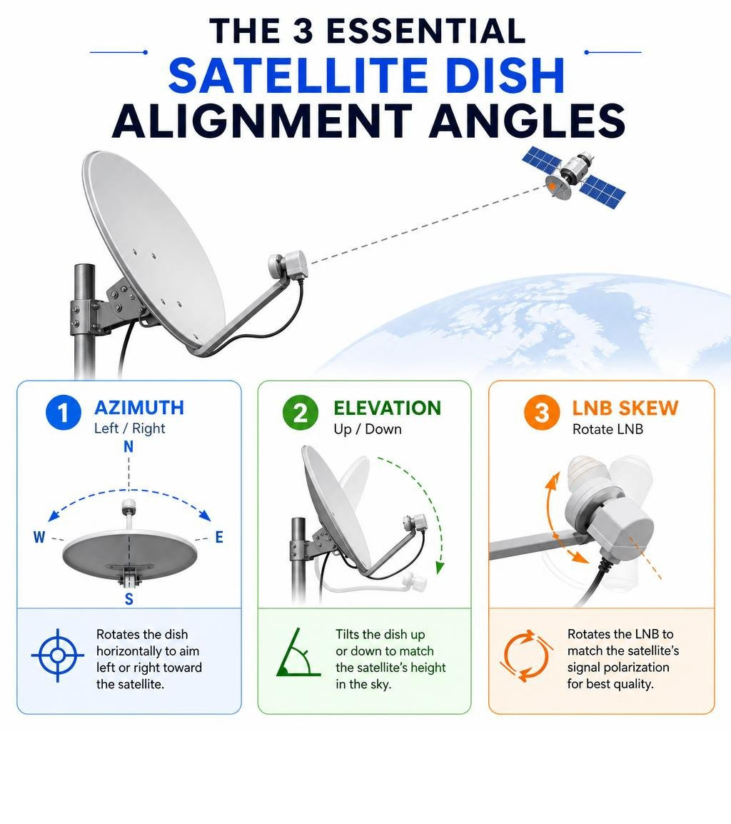 Infographic showing the three satellite dish alignment angles: azimuth, elevation, and LNB skew with descriptions infographic Infographic showing the three satellite dish alignment angles: azimuth, elevation, and LNB skew with descriptions infographic